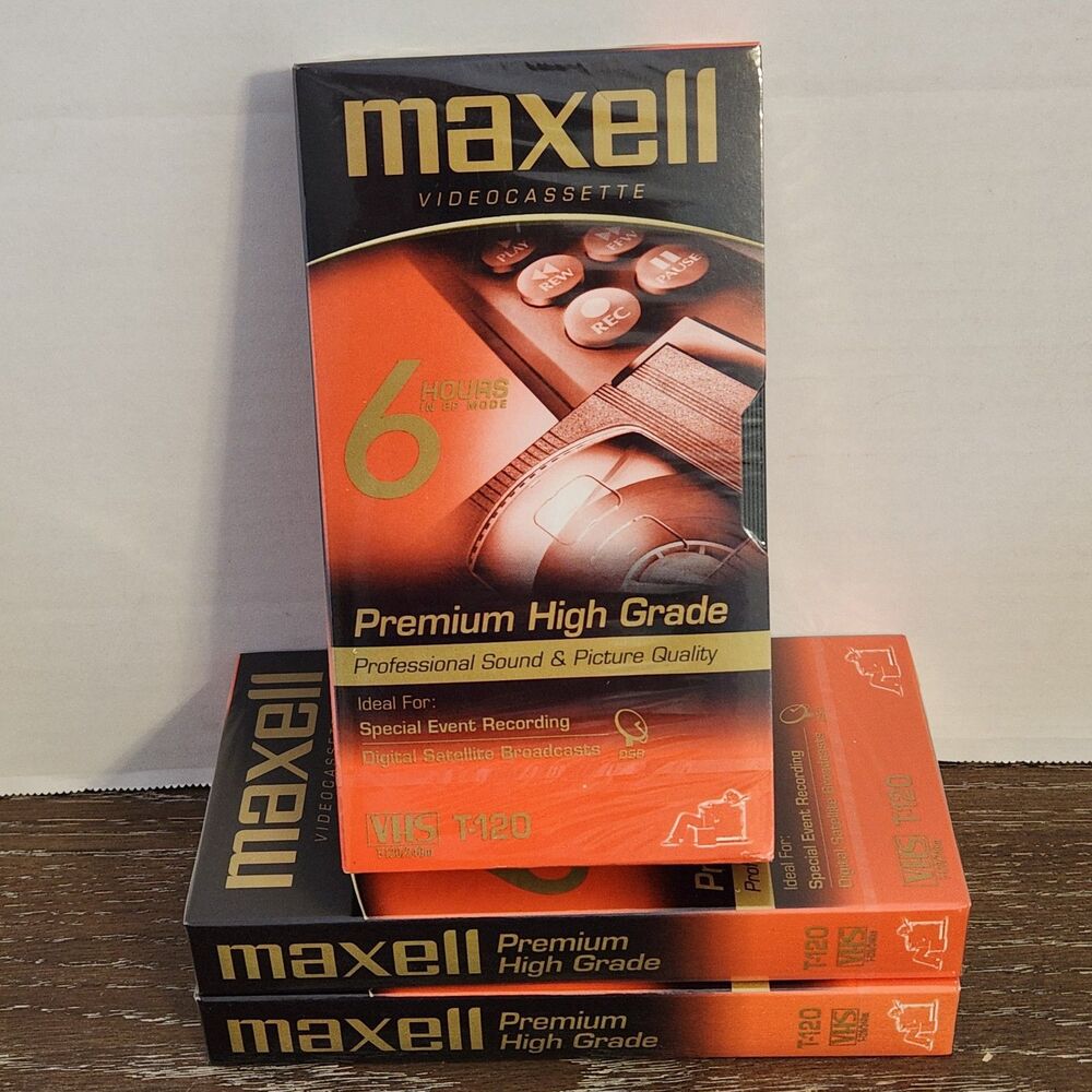 (3) New/Sealed Maxell T-120 6 Hours Premium High Grade Blank Video VHS Tapes
